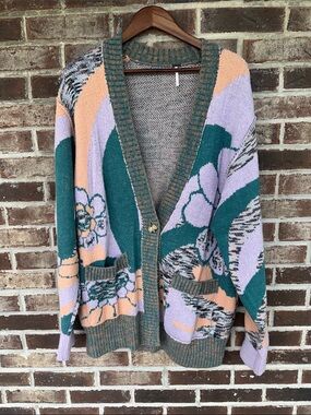 FREE PEOPLE Floral Patchwork Open-Front Cardigan Sweater in Teal, Lilac & Peach